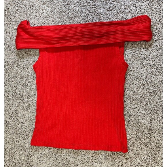 Madewell Off Shoulder Top XS Ribbed Red Twist Front Sleeveless Fold Over Beach - Picture 2 of 5
